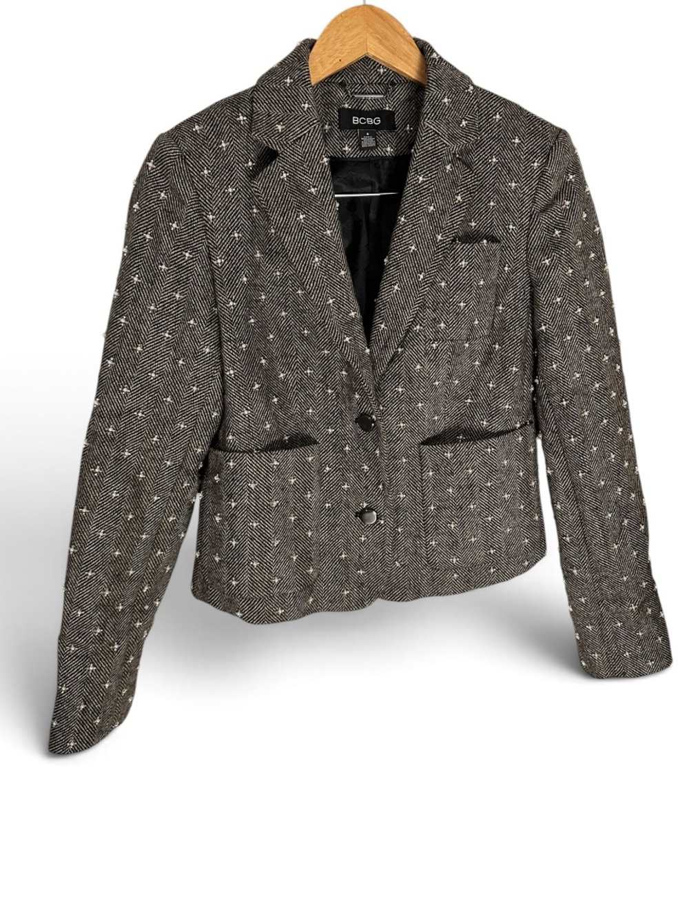 BCBG Wool Herringbone Tweed Black & White Blazer Jacket 6
